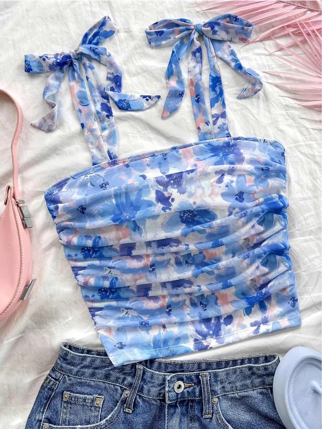 Solid Tie Shoulder Ruched Wide Strap Slim Fit Crop Top