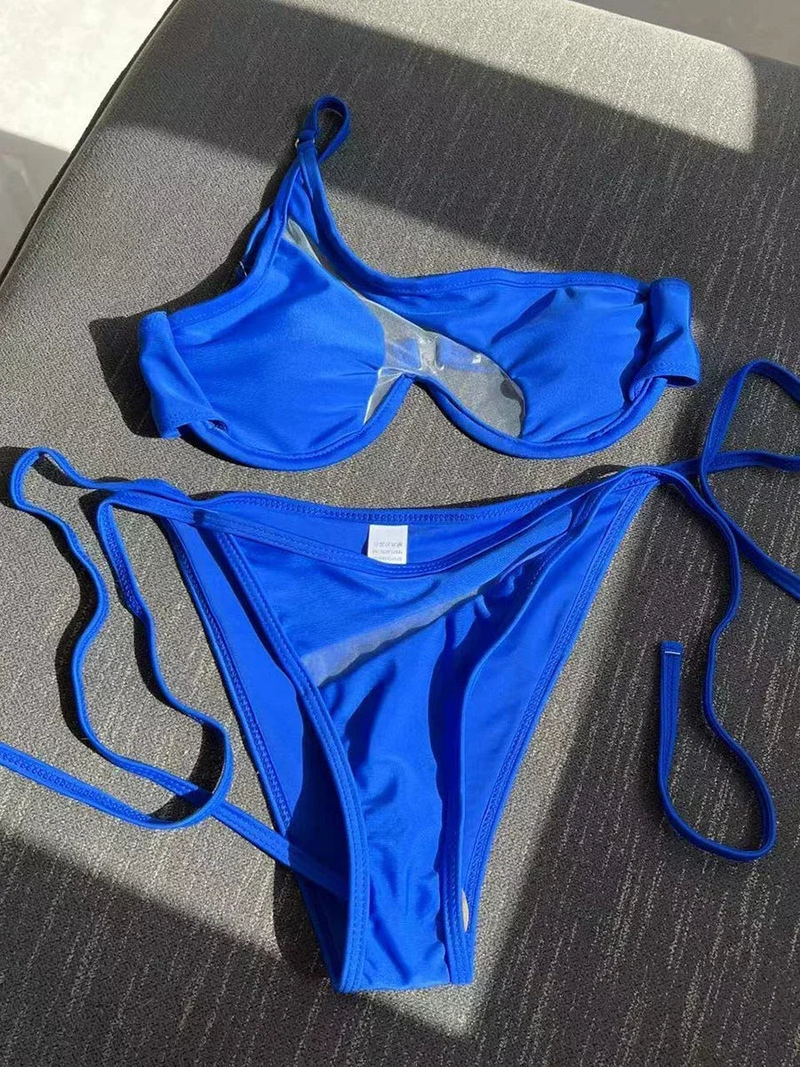 Splicing Mesh One Shoulder Underwire V-bar Bikini