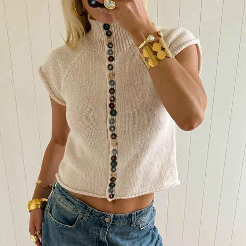 Vintage Buttons Short Sleeve Sweater T-shirt Slim Fit High Neck Knitted Tees Y2K Preppy Cute Crop Top