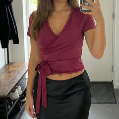 Lace Trim Wrap V Neck T-shirt Short Sleeve Self Tie Waist Slim Cropped Blouse Y2K Coquette Going Out Casual Crop Tops