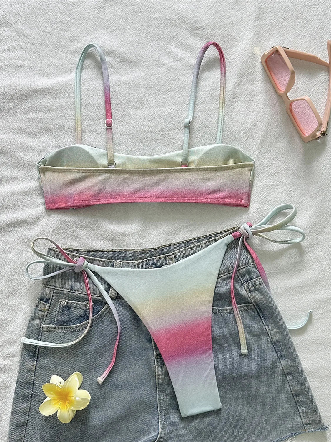 Sexy Pink Gradient Coconut Tree Print Bikini Set