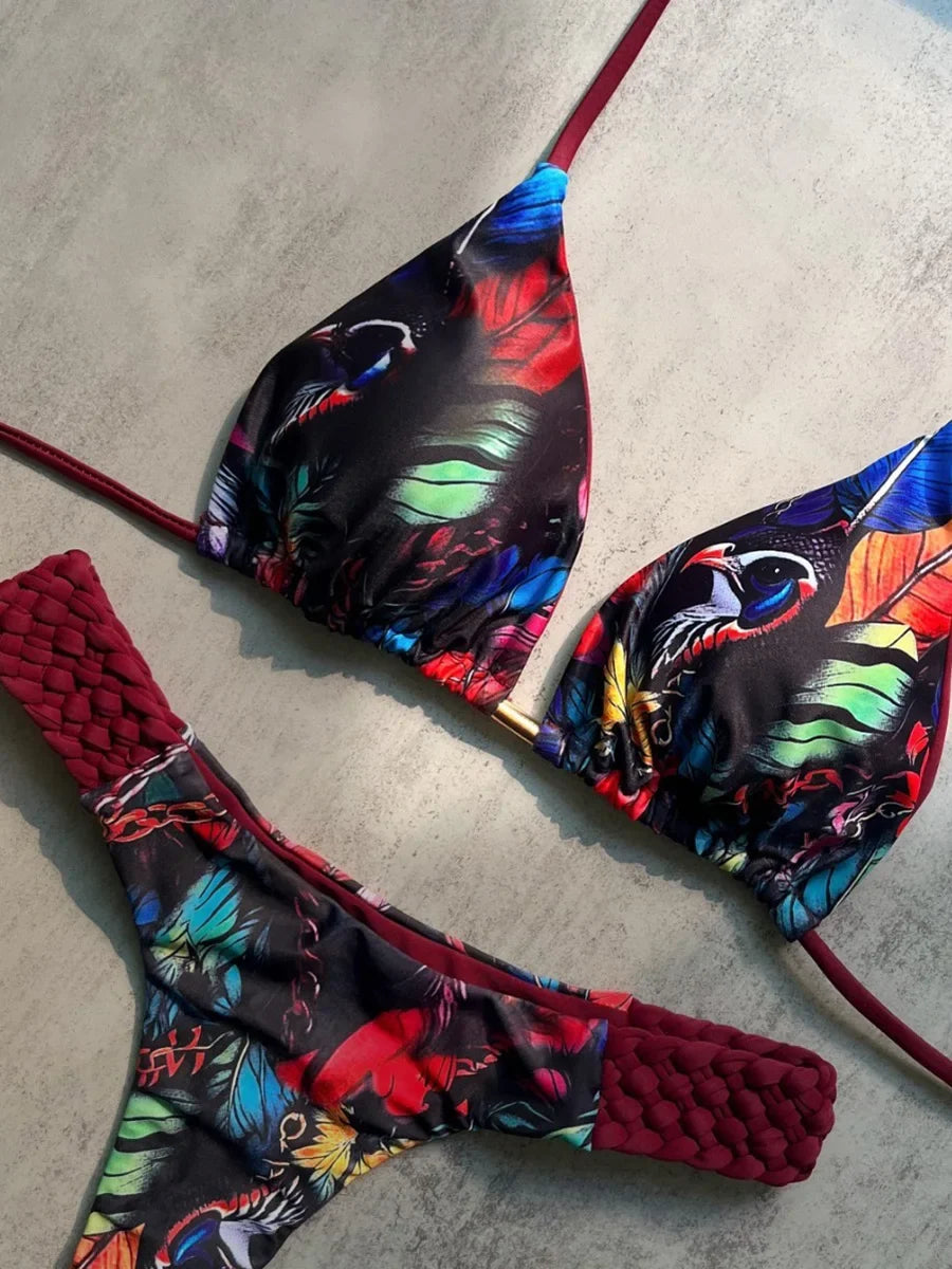 Print Halter Braided Rope Mini Thong Bikini