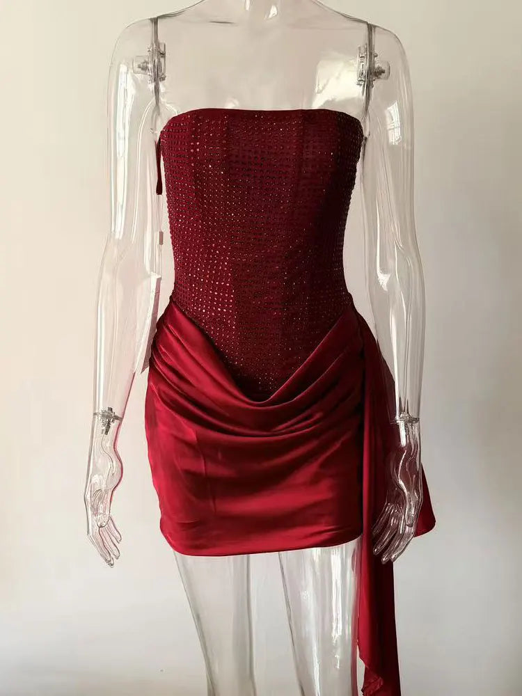 Hot Fix Rhinestones Ruched Sexy Mini Dress
