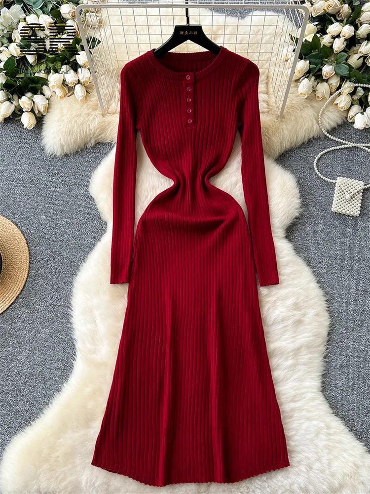 Autumn Striped Slim Long Dress