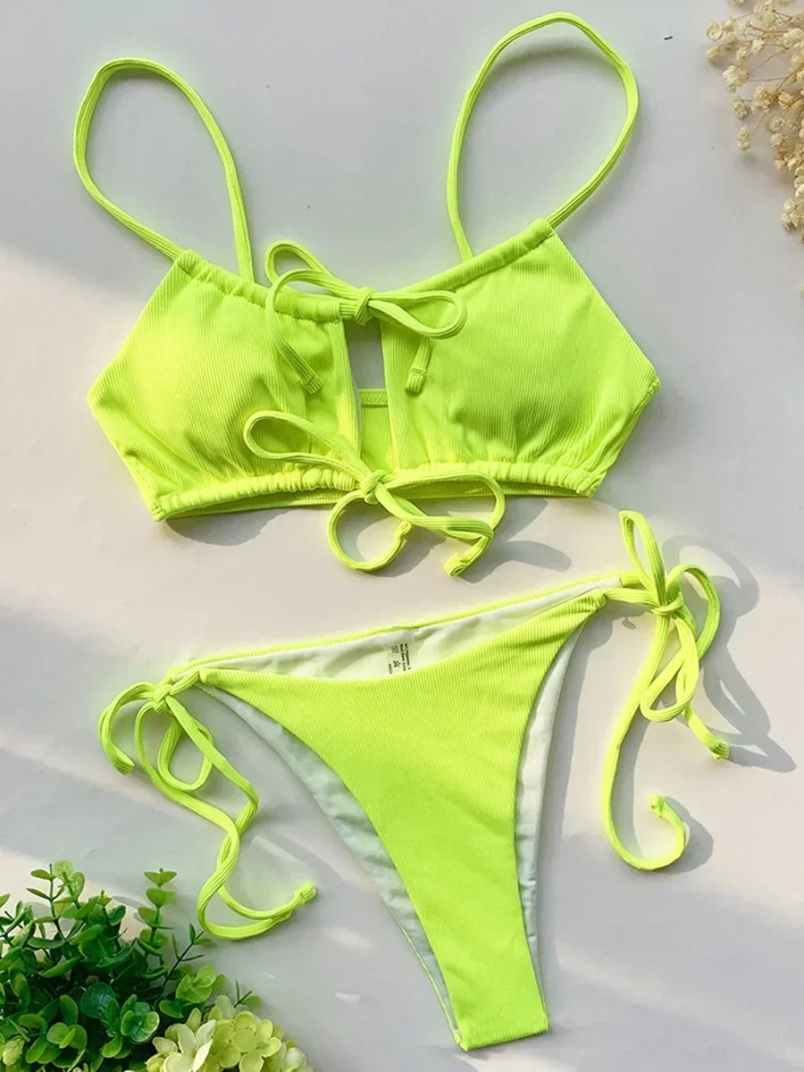Sexy Strappy Lace Up Ribbed Neon Green Bikini