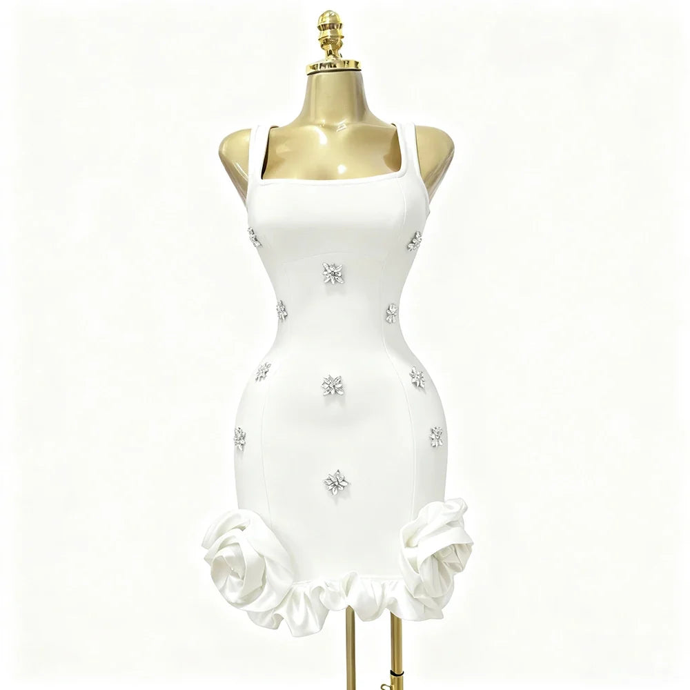 Sexy 3D Floral Bodycon Rhinestone Mini Dress