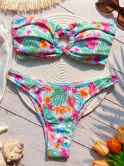 Ribbed Floral Printed Bandeau Bikini