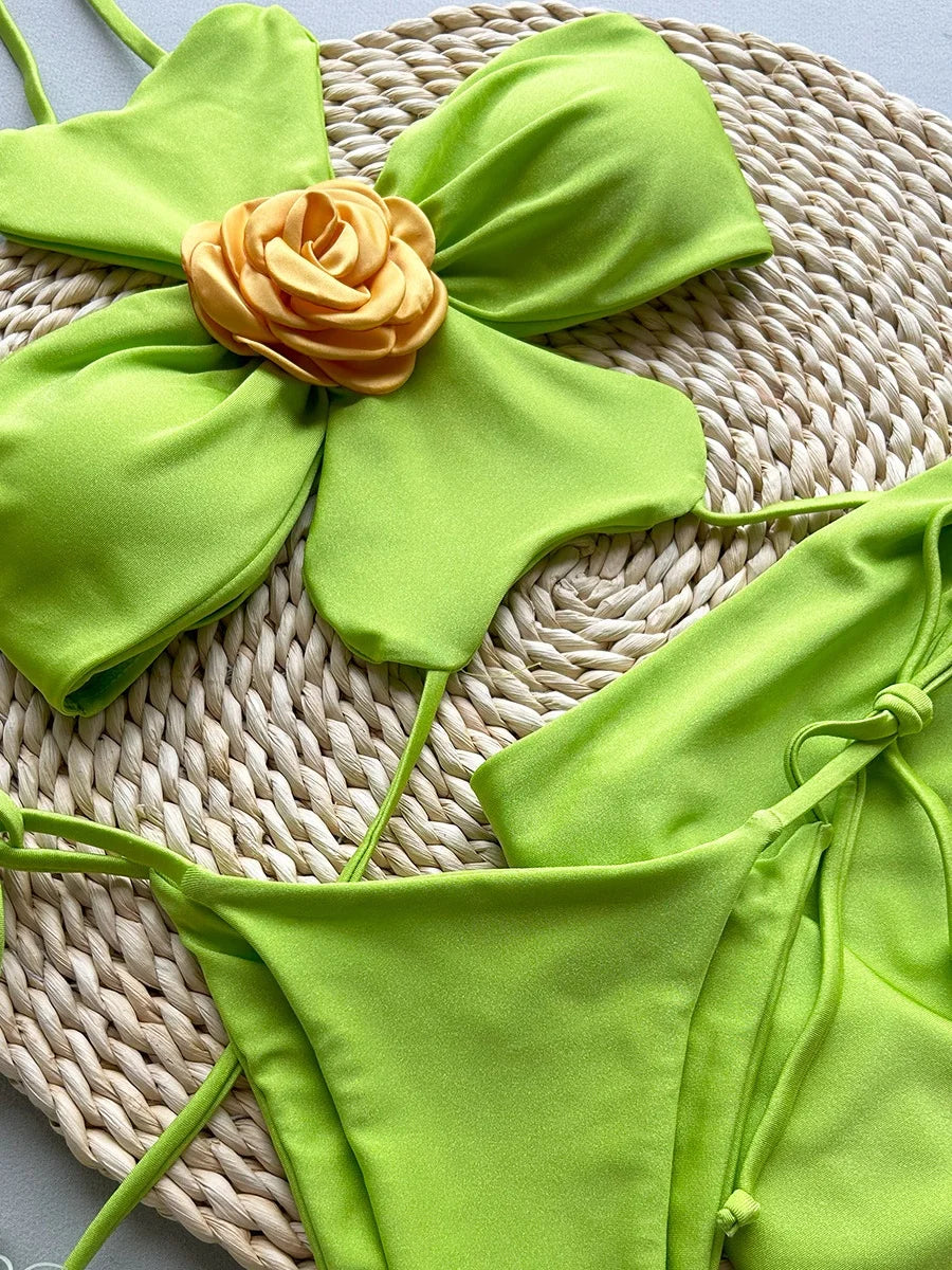 Sexy Green 3D Floral Bikini