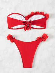 Sexy Red 3D Flower Two Piece Swimsuit