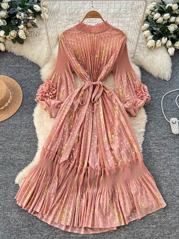 3D Floral Pleated Dress