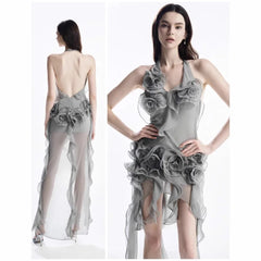 Grey Pleated Flower Halter Party Dress