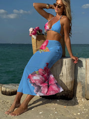 Sexy White Floral Print  Mesh Long Skirt 3 Piece Bikini