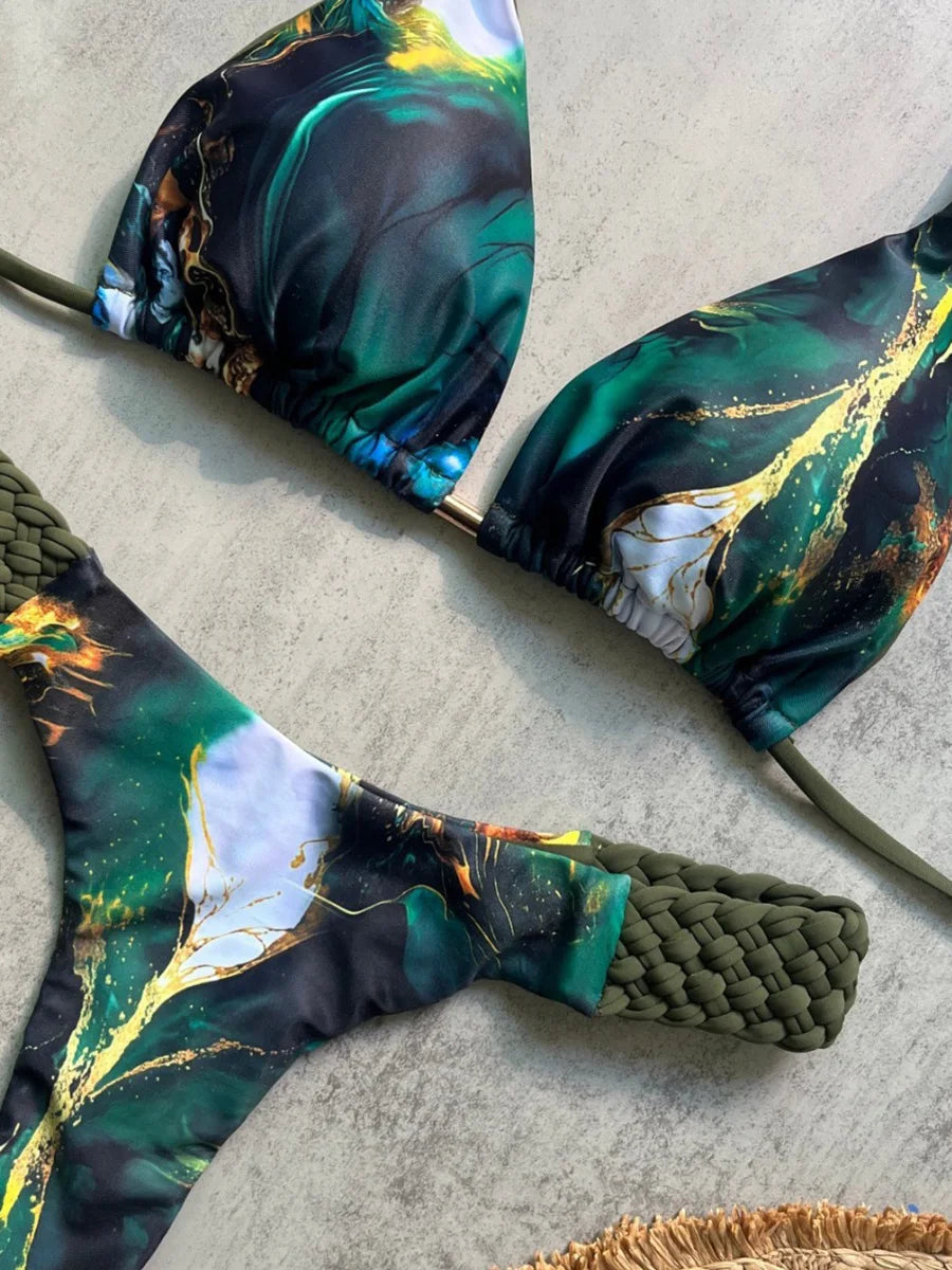Print Halter Braided Rope Mini Thong Bikini