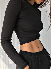 O Neck Long Sleeve Shirt Ribbed Sexy Cropped Tops