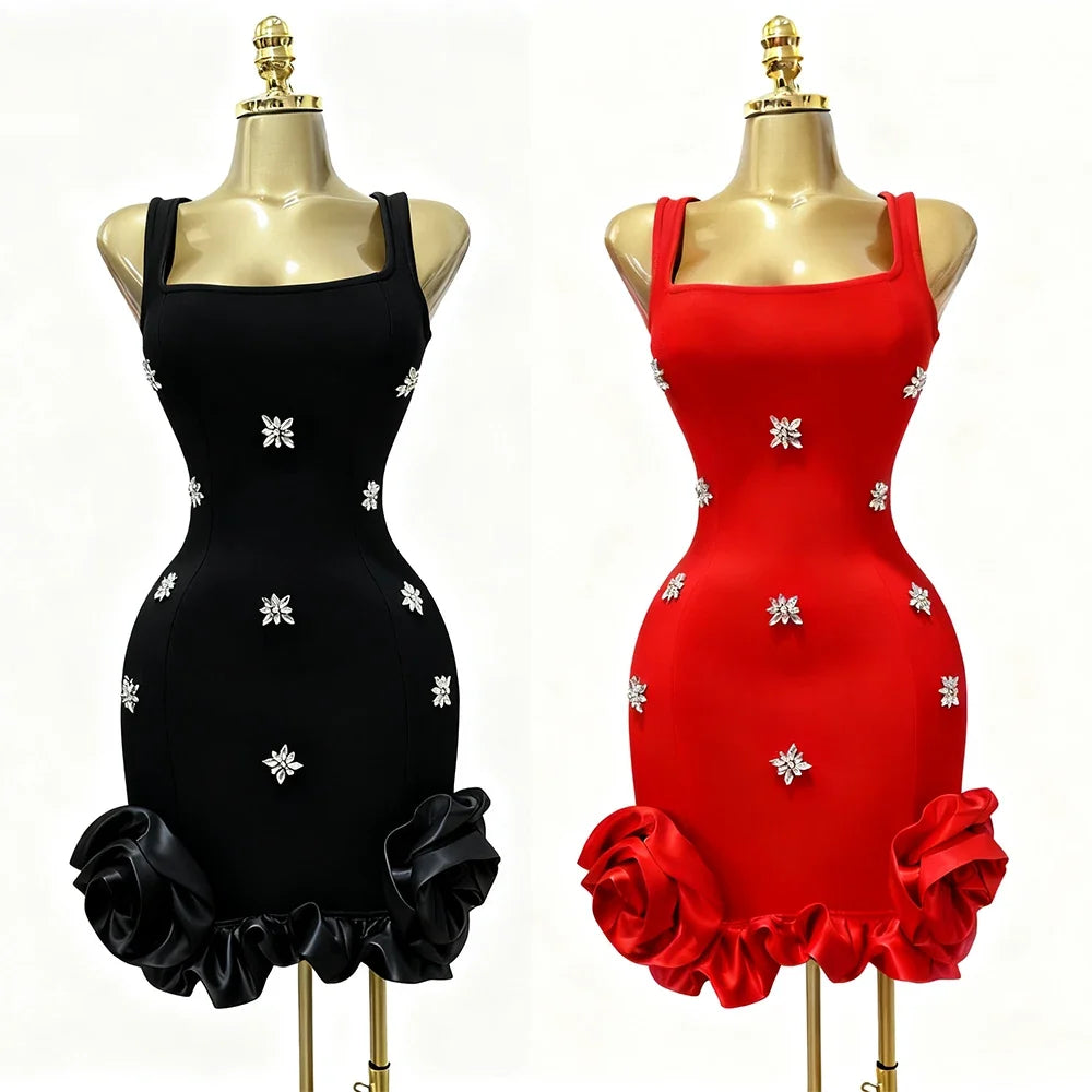 Sexy 3D Floral Bodycon Rhinestone Mini Dress