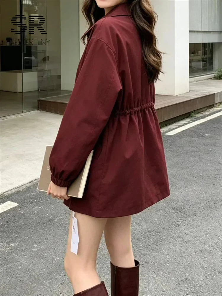 SINGREIN Autumn Streetwear Casual Coat Female Lapel Drawstring Zipper Full Sleeves Outfit American Retro Slim Workwear Outerwear