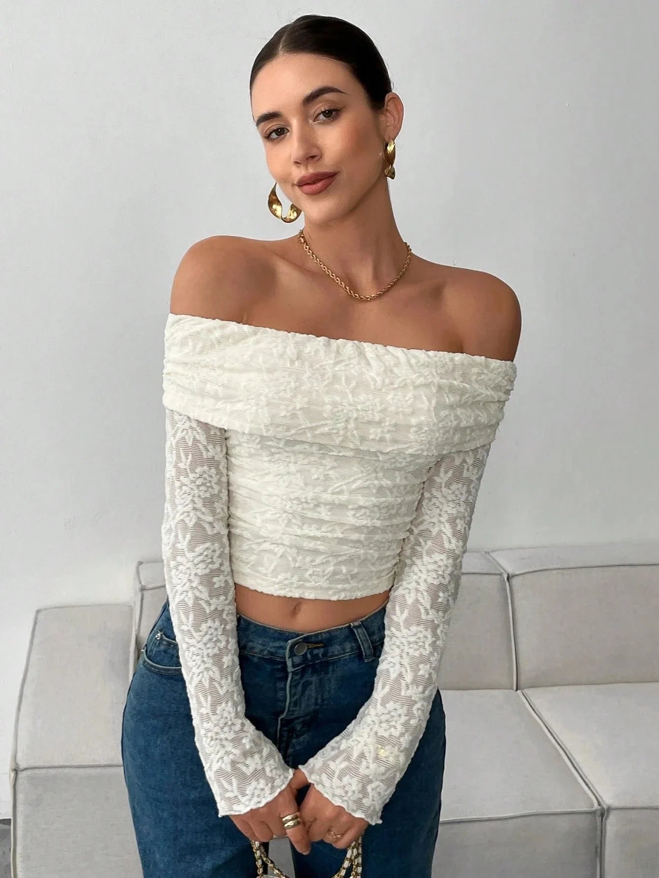 Women's Elegant Lace Sheer Off Shoulder Falre Sleeve Top
