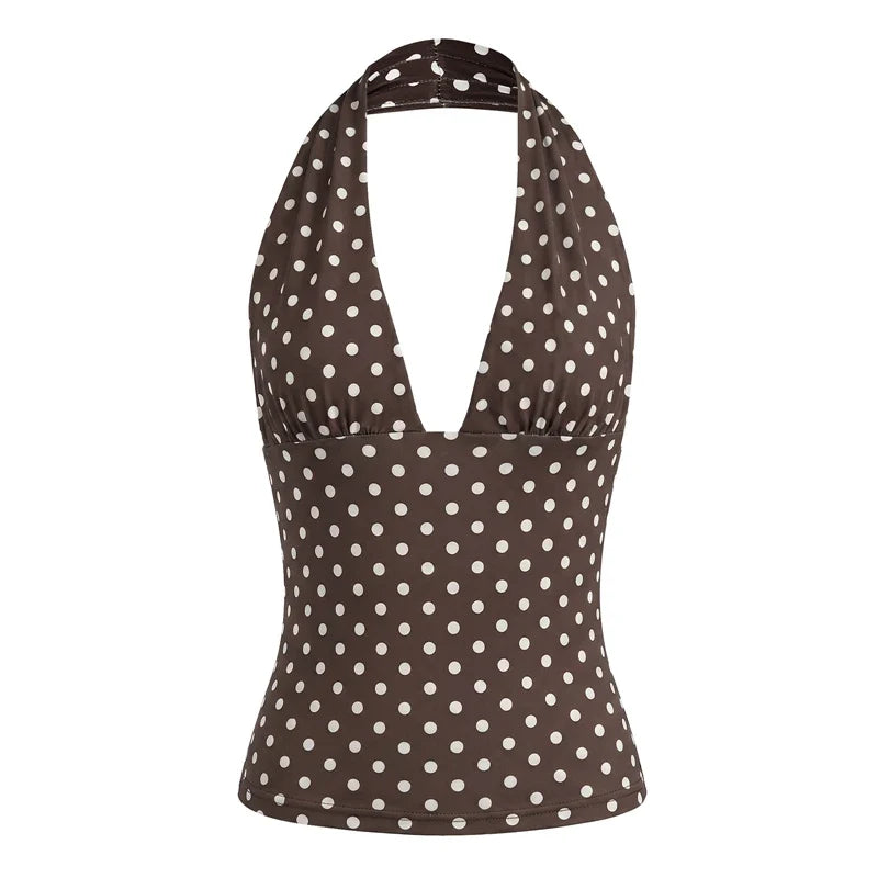 Y2K Vintage Polka Dot Halter Cami Coquette Deep V Backless Slim Cropped Top
