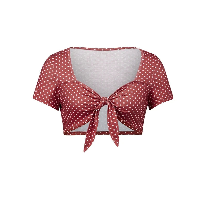 Polka Dot Front Tie Knot Crop Top