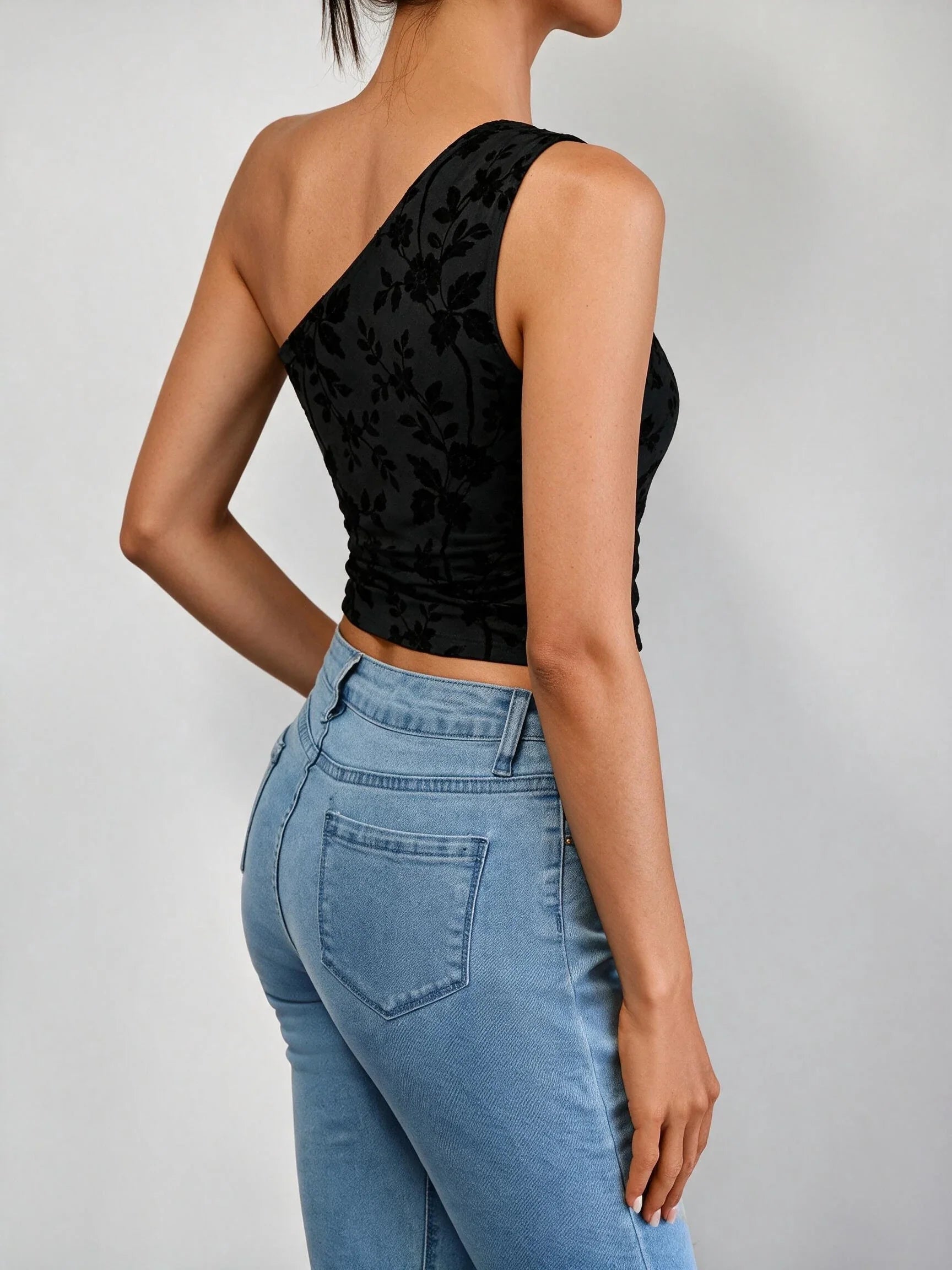 Floral Flocked Mesh One Shoulder Crop Top