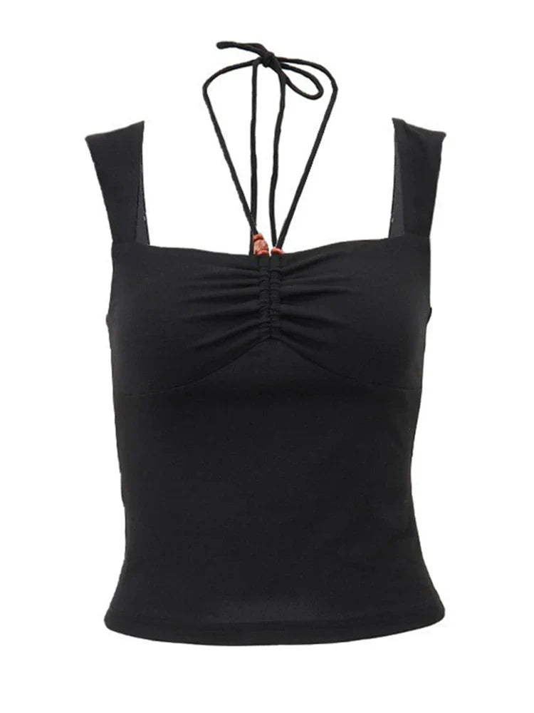 Vintage Black Square-neck Halter Tank Top