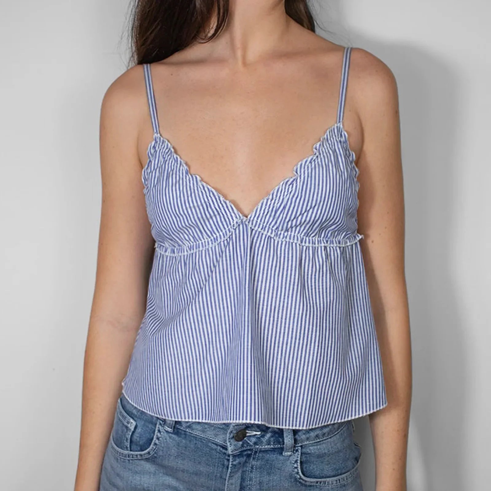 Boho Striped Ruffles V Neck Camis Beach Holiday Sleeveless Crop Tops