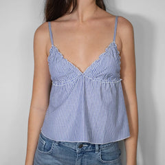 Boho Striped Ruffles V Neck Camis Beach Holiday Sleeveless Crop Tops