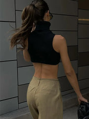 Y2K Women's Black Knitting Turtleneck Crop Top