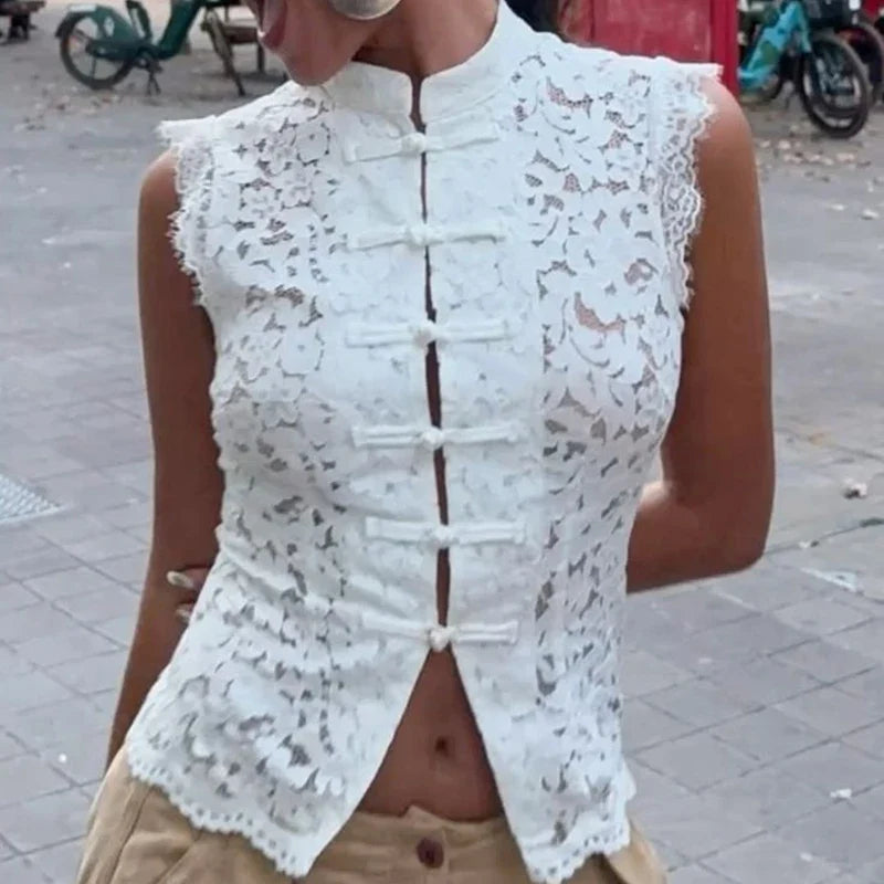 Womens Floral Lace Mandarin Collar Crop Tops