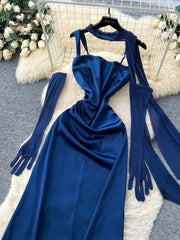 Sexy Satin Party Dresse With Mesh Oversleeve Ribbons Solid Slim 1950s Chic Feminine Flapper Sensual Sling Long Dresses