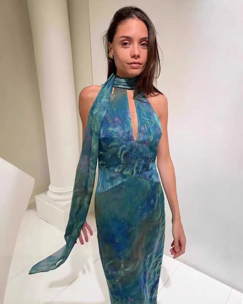 Sexy Print Halter Long Dress