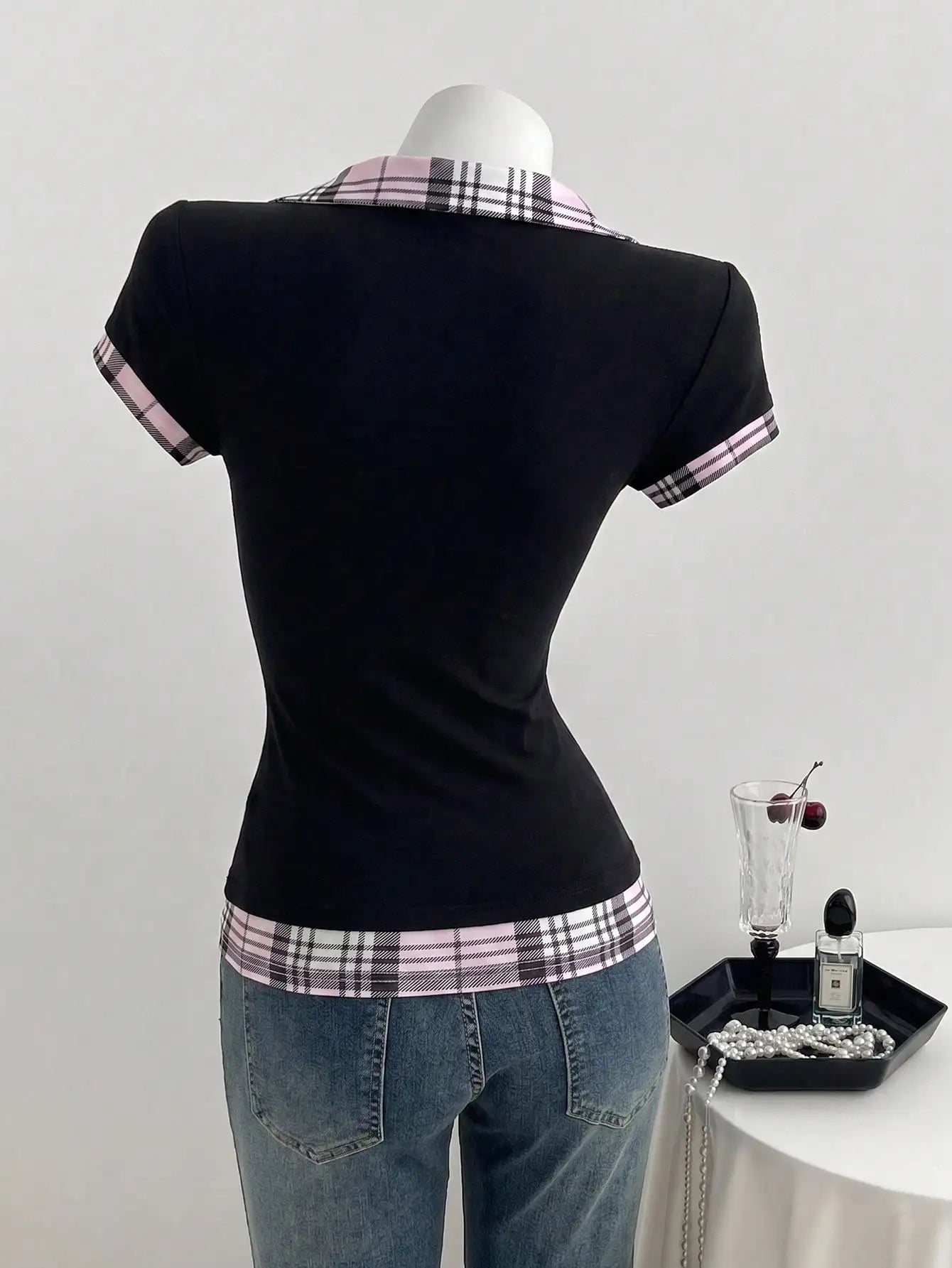 Lapel Fake Two Piece Short Sleeve Tee Slim Cropped Ruched Button Top