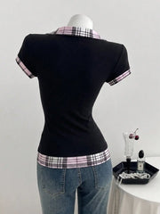 Lapel Fake Two Piece Short Sleeve Tee Slim Cropped Ruched Button Top