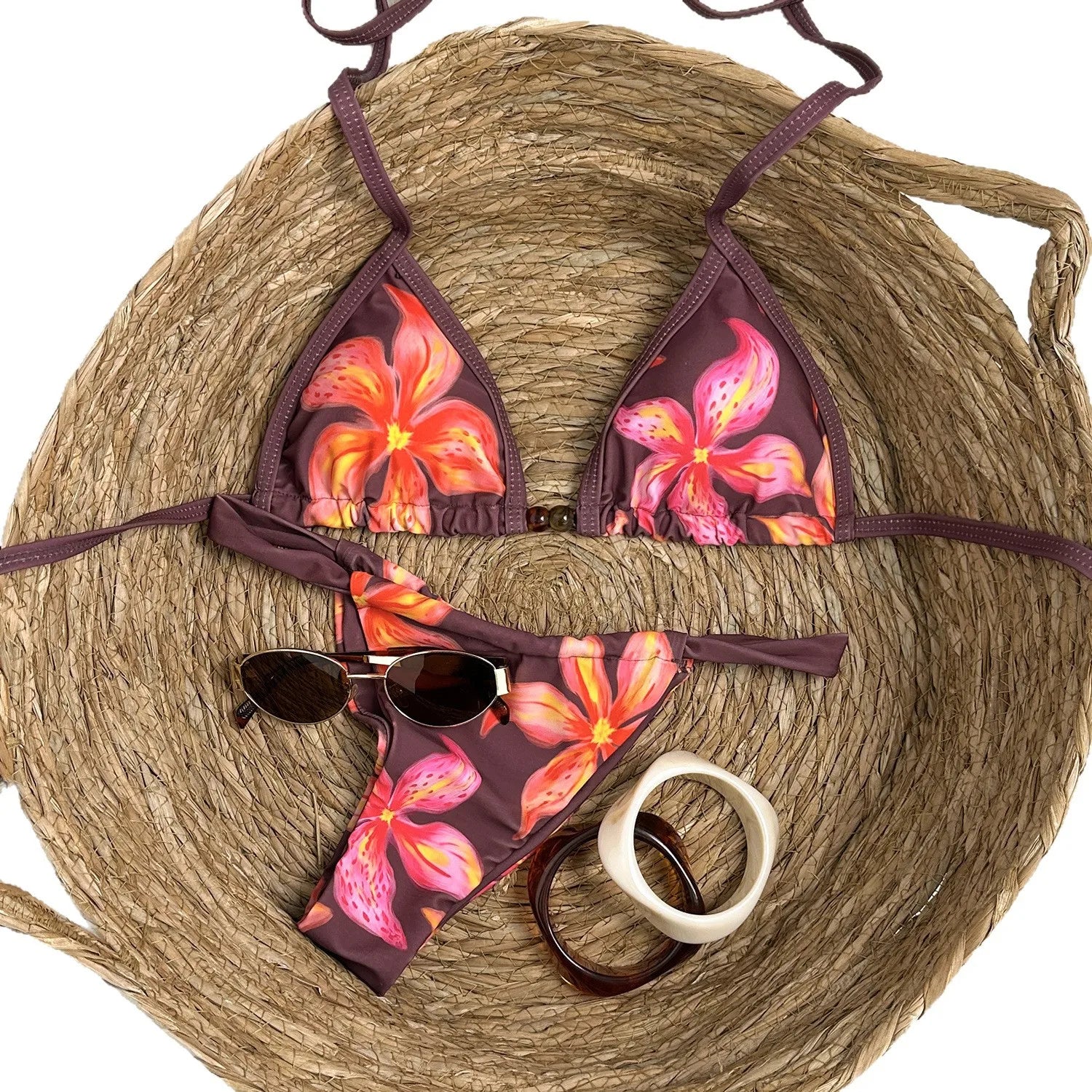 Sexy Coffee Flower Print Bikini Set