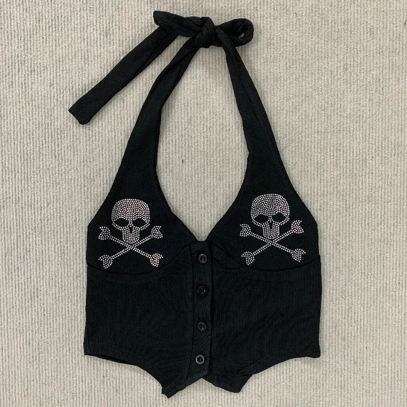 Goth Y2K Skull Rhinestone Crop Top