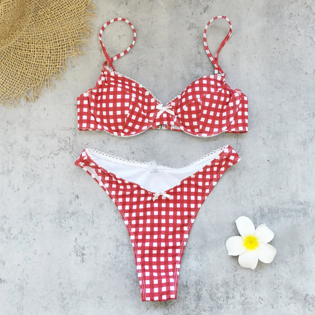 Sexy Red Plaid Print Micro Bikini