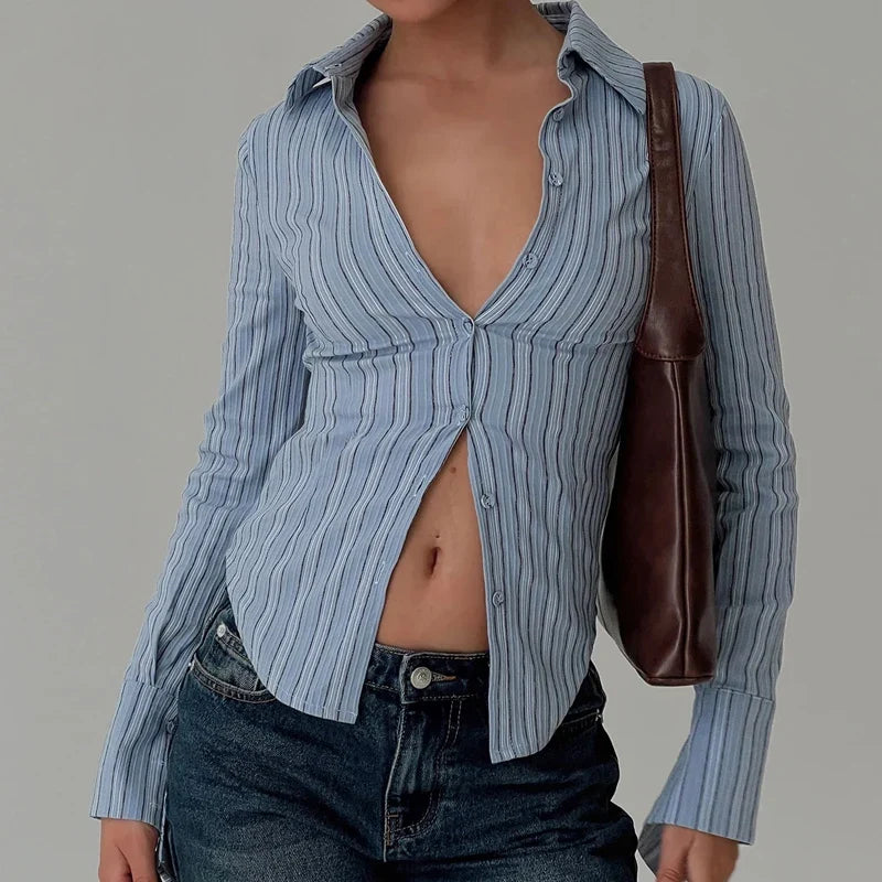 Slim Fit Button Down Striped T-Shirt Elegant Office Lady Long Sleeve Blouse Tees Vintage Y2K Chic Crop Tops