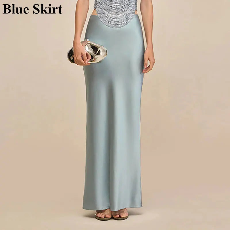 Satin Sexy Tassel Crop Tops Mermaid Long Skirt Sets Elegant Sleeveless Slim Tank Top Vest Party Set
