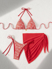Sexy Red Mesh Cover Up 3 Piece Bikini Set