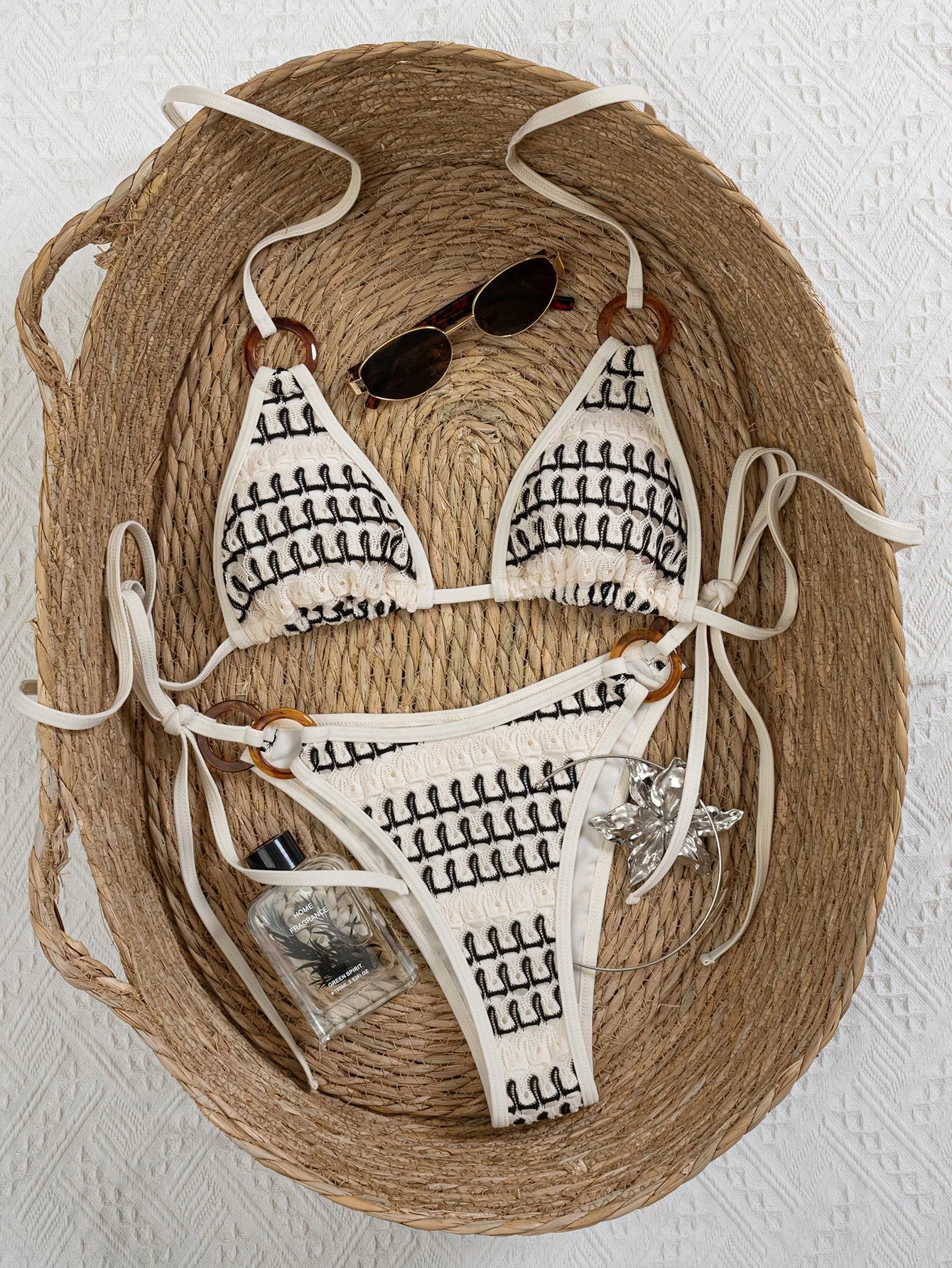 Sexy Beige Knitted Striped Bikini Set