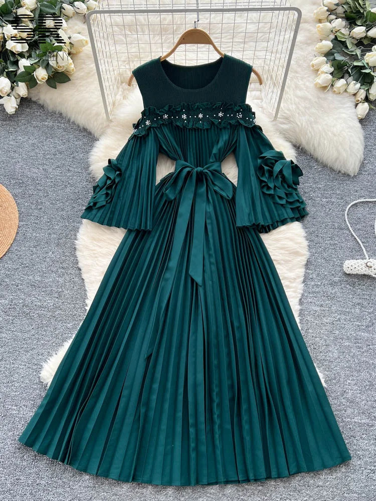 Elegant Beading Pleated Gown Female Bow Collar Flare Sleeves Hollow Out High Quality Autumn 3D Floral Maxi Party Dress