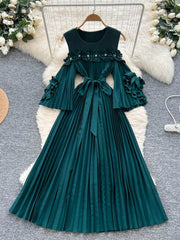 Elegant Beading Pleated Gown Female Bow Collar Flare Sleeves Hollow Out High Quality Autumn 3D Floral Maxi Party Dress