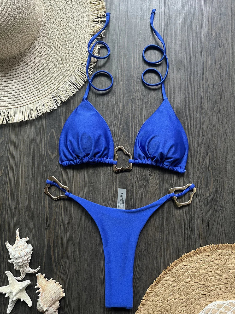 Sparkling Metal Ring Halter Extreme Mini Thong Bikini