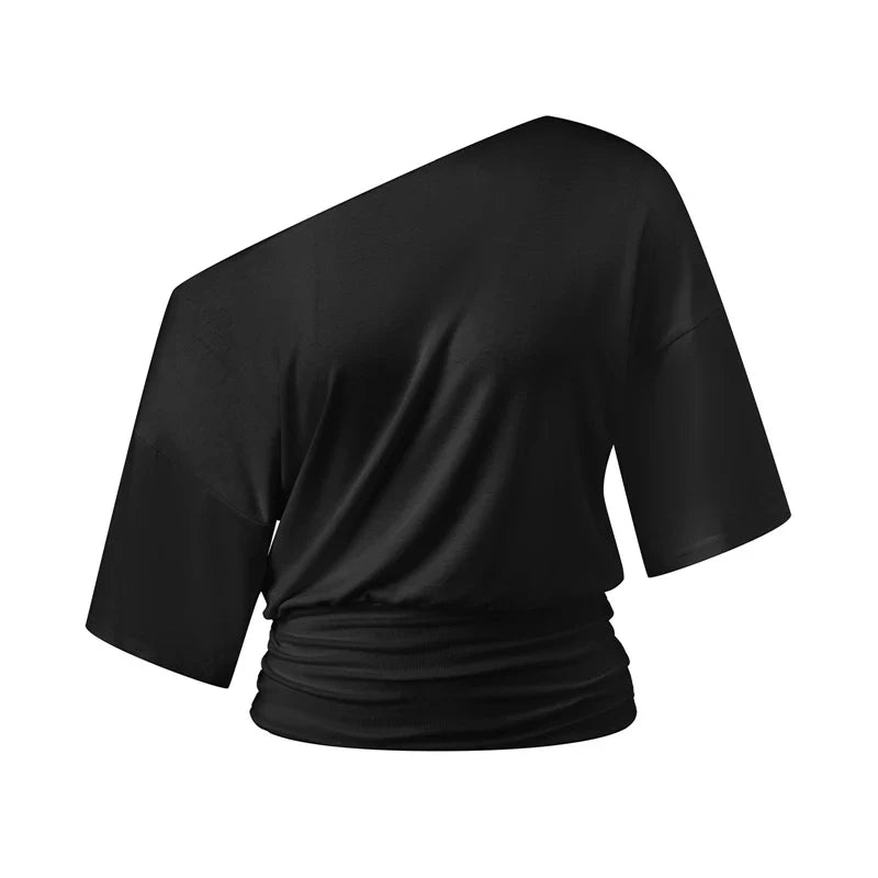 Y2K Off Shoulder Short Sleeve T-Shirt Elegant Ruched Cinched Waist Crop Top