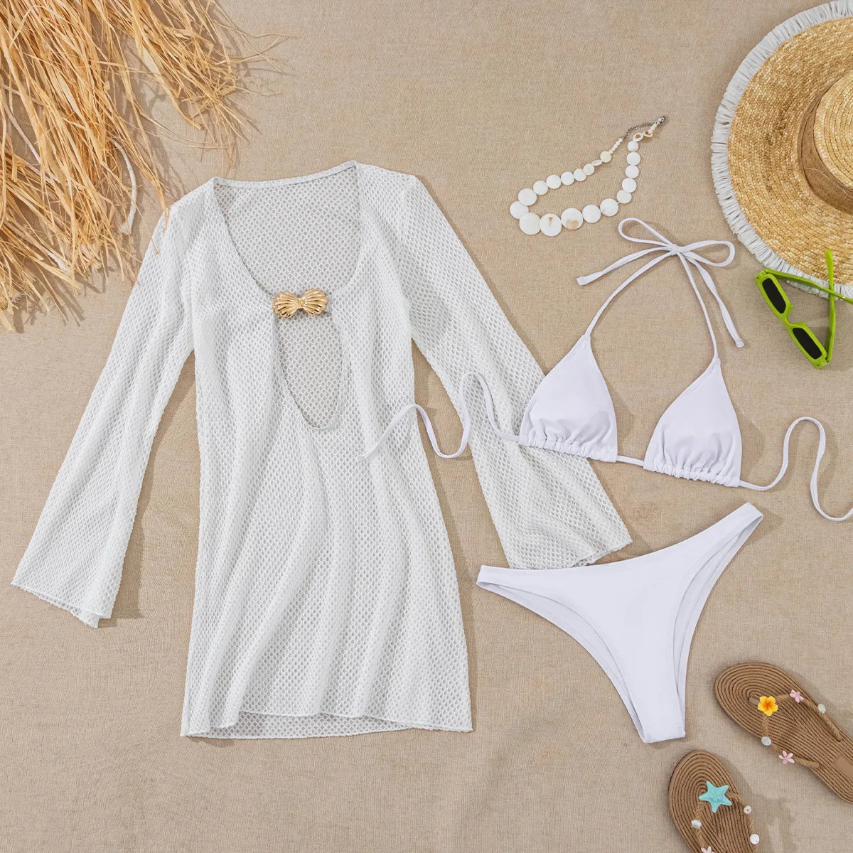 New Mesh Long Sleeve Dress 3 Piece Swimsuit