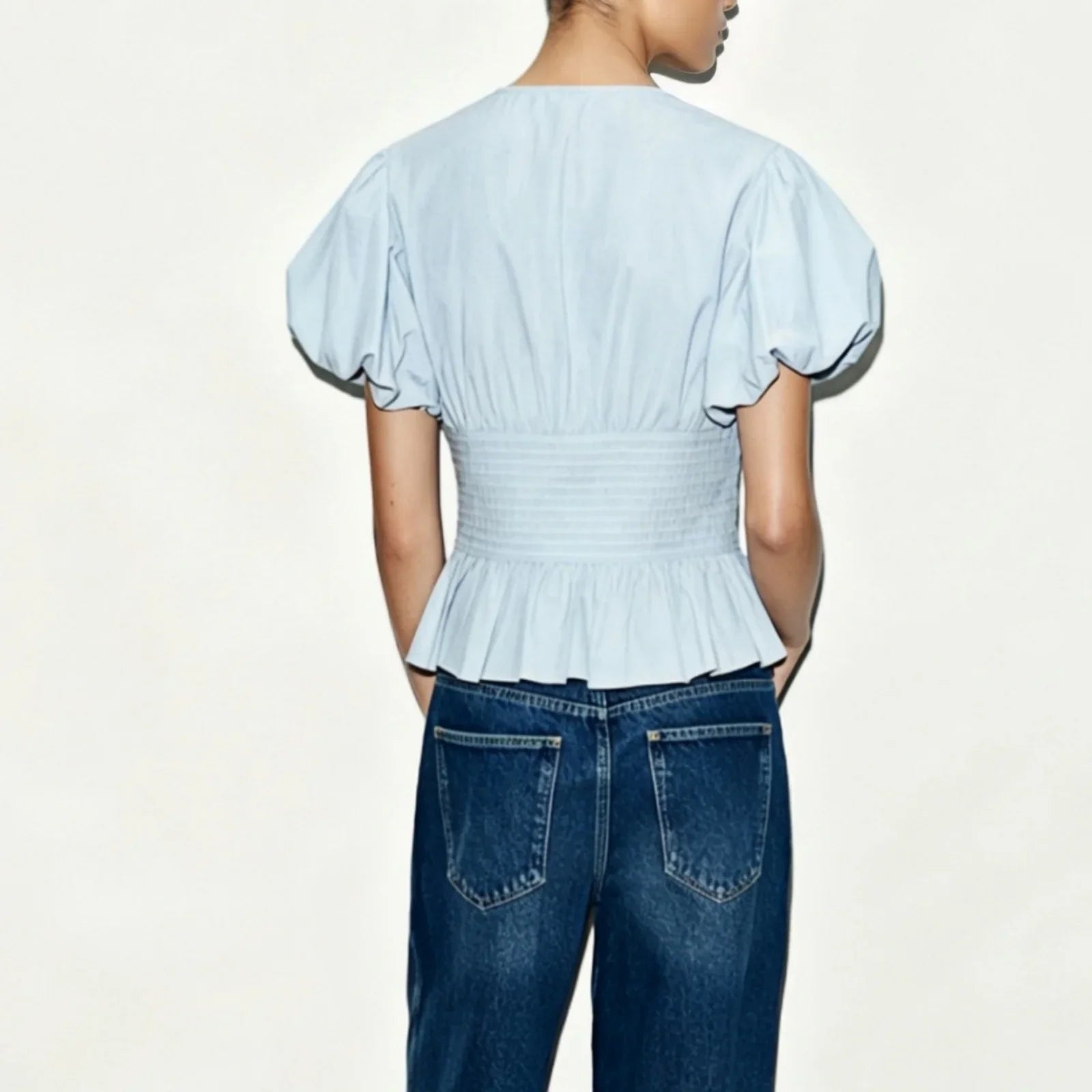 Solid Color Short Bubble Sleeve Smocked Waist Crop Top