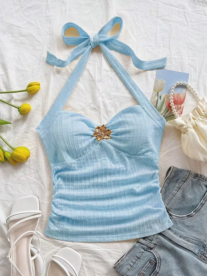 Women's V-Neck Floral Metal Buckle Backless Halter Top