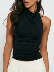 Solid Color Backless Sleeveless Halter Neck Draped Neck Fitted Pleated Crop Top
