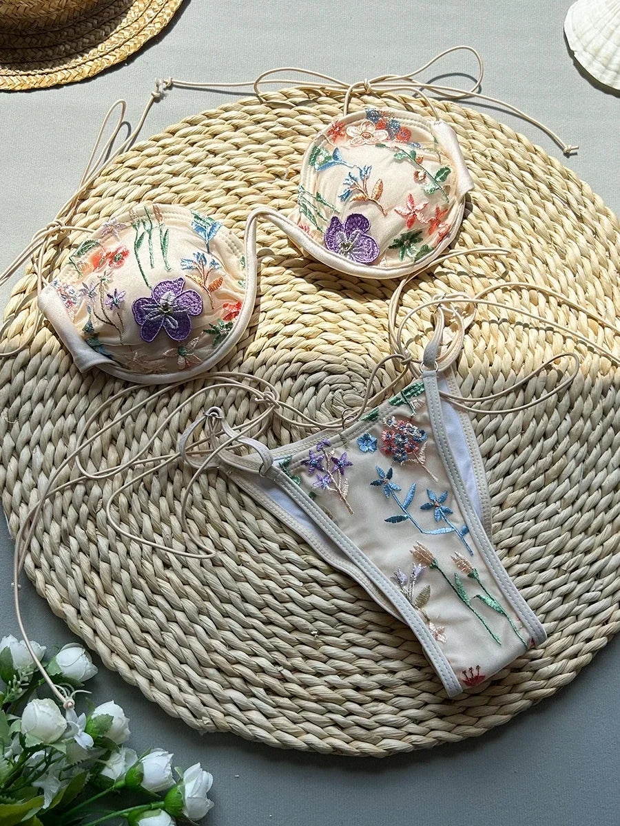 Sexy Blue Flower Embroidery Print Bikini Set