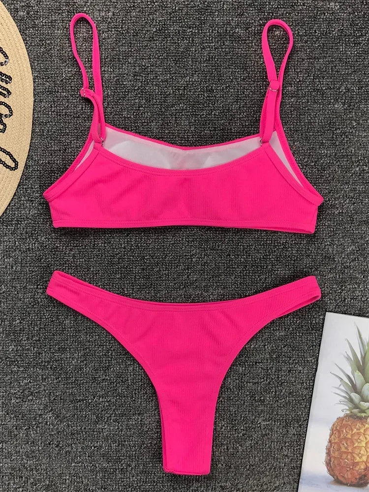 Sexy Neon Yellow Ribbed Brazilian Bikini
